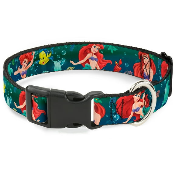 Disney Pet Collar, Dog Collar Plastic Buckle, Ariel Poses Flounder Green Blue Fade, 9.5 to 14.5 Inches 0.5 Inch Wide