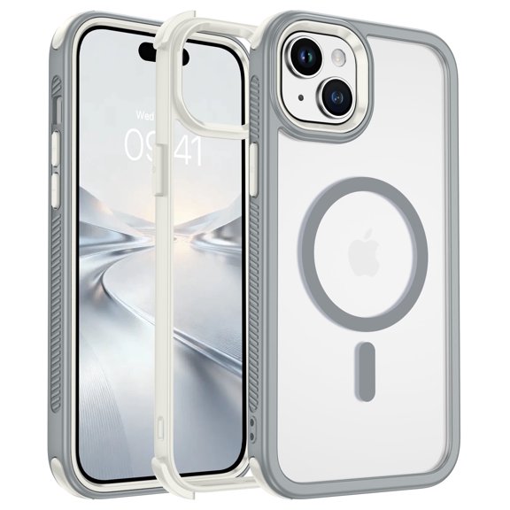 DUEDUE Magnetic Case for iPhone 15 Plus, Compatible with MagSafe, Shockproof Protective Cover, Non-Slip 2-Layer Bumper Phone Case with Clear Back, Gray/Clear