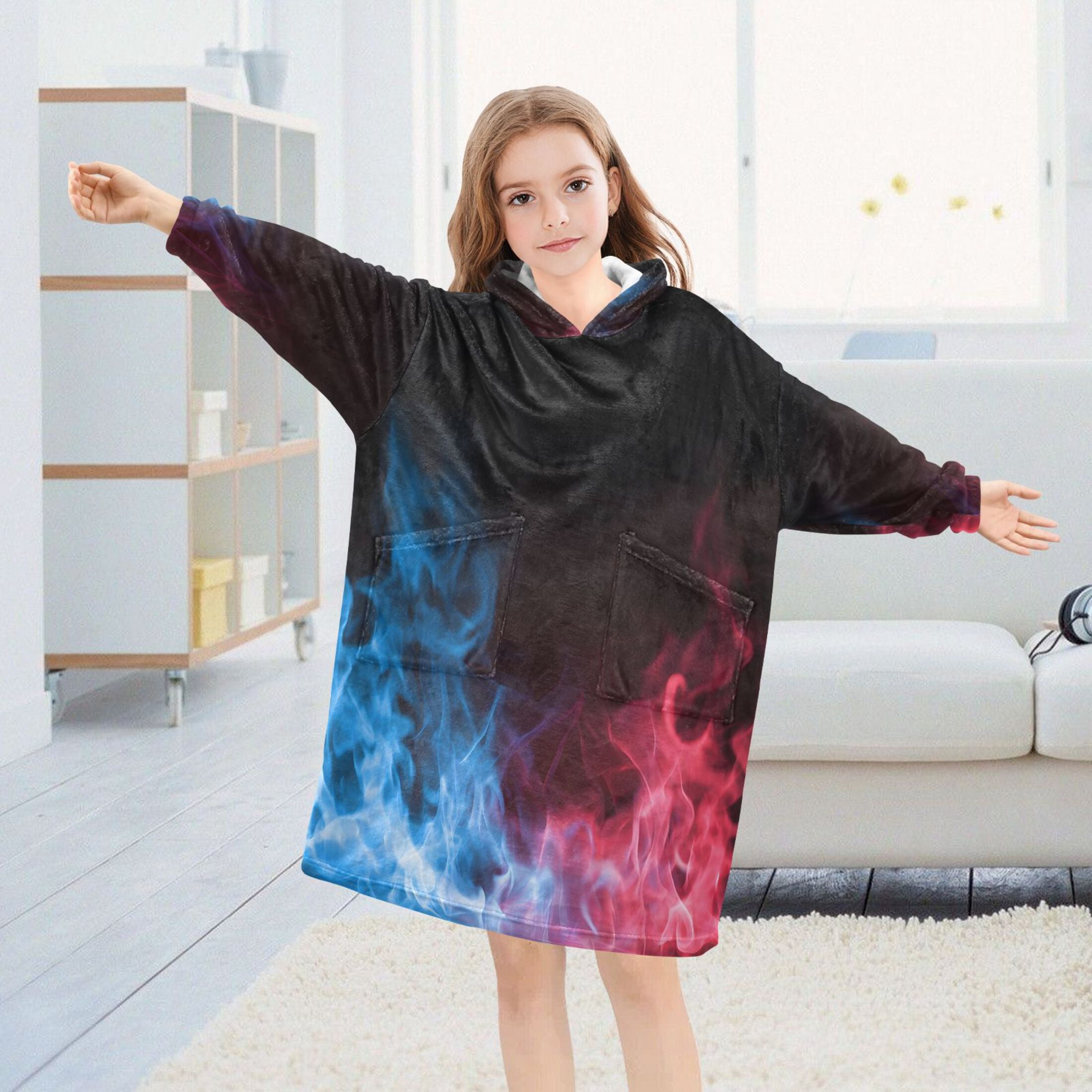 joogoo Wearable Blanket Hoodie Red Blue Flames for Flannel Sherpa Pocket 3-14 YR S