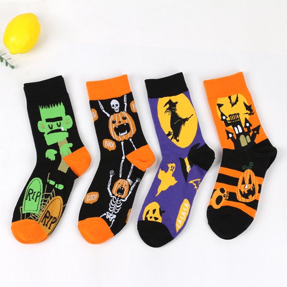 Papapt 4 Pairs Halloween Socks Novelty Socks Holiday Sock Pumpkin Food Horse Pattern Gift for Men Women Christmas Thanksgiving /#J02