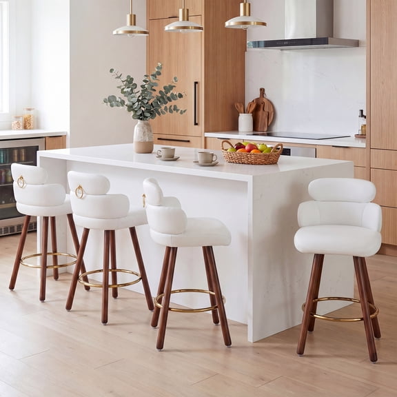 HomeZeer Solid Wood Swivel Bar Stools Set of 4, 26" Counter Height White Leather with Back & Footrest, Non-Slip Base Stable Seating for Kitchen Island, Bar, Dining
