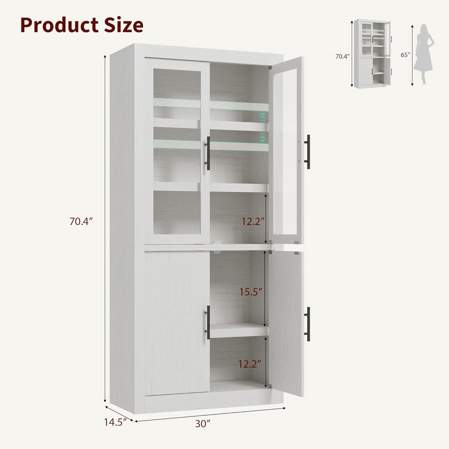 Garvee Farmhouse Pantry Cabinet, 2 Glass Doors & 2 Wood Doors, 30 x 14.5 x 70.4", White