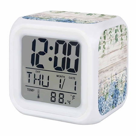 Alarm Clocks Blue Hydrangea Digital Clock 7 Color LED Night Light Silent Non-Ticking Battery Operated Green Eucalyptus Leaves Wood Grain Cube Clocks for Bedroom Bedside Living Room Office School