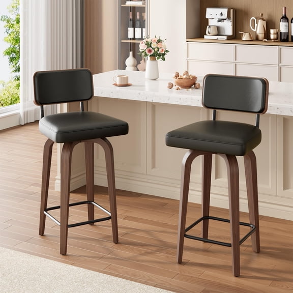 Gaderth Swivel Bar Stools Set of 2, 26" Upholstered Counter Height Bar Stools with Back and Walnut Wood Legs, Mid Century Bar Chair Island Stool for Kitchen Counter, Faux Leather Barstools, Black