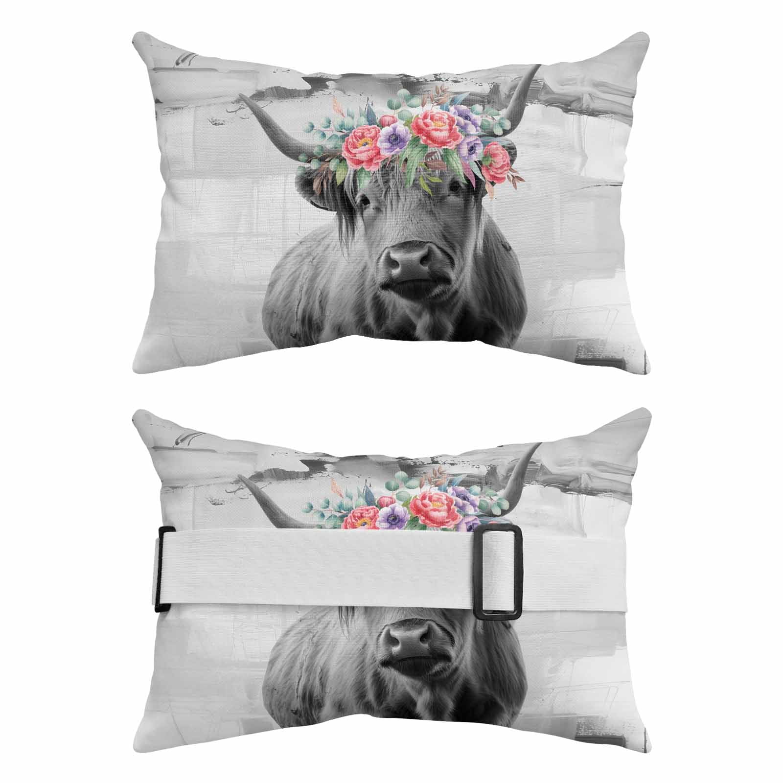 Floral Animal Outdoor Chaise Lounge Pillows Vintage Country Farm Black White Highland Cow Colorful Flowers Lumbar Pillows with Insert Elastic Strap Headrest Pillow for Recliner 2 Pack 11x16 Inch