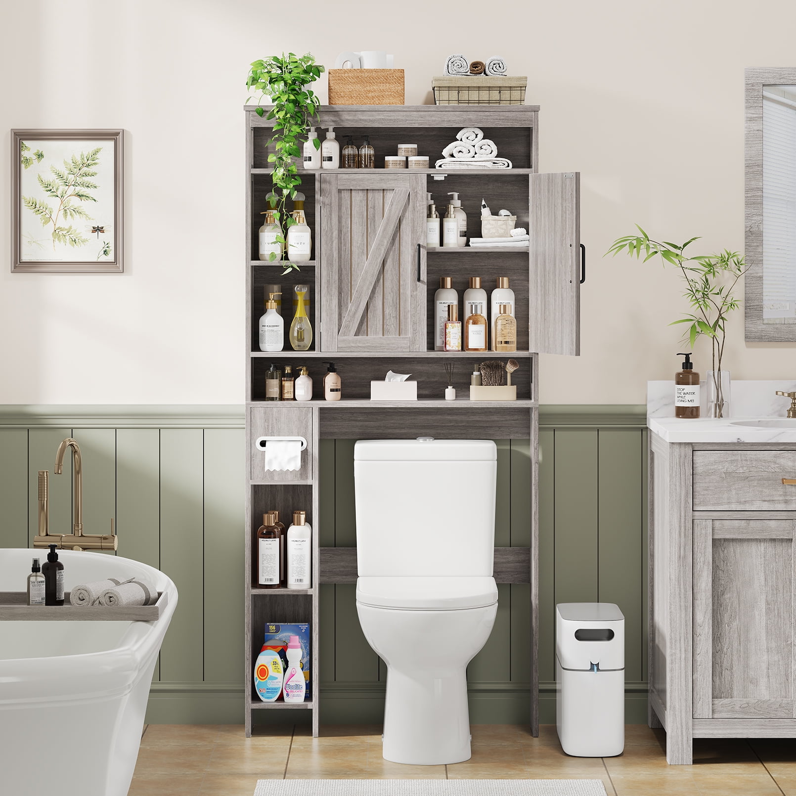 Vividwood Farmhouse Over-the-Toilet Cabinet with Soft Close Doors, Gray Wood