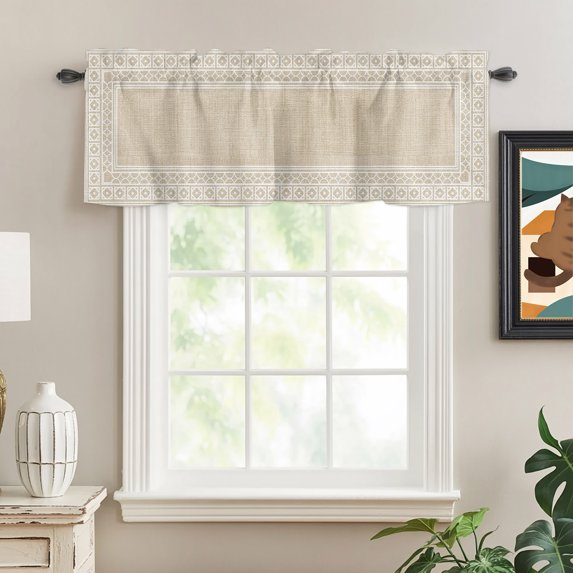 Boho Floral Tile Rod Pocket Curtain Valance, Vintage Beige Sounthwest Middle Century Farmhouse Window Valance for Living Room, Bedroom, Kitchen 42"W x 12"L