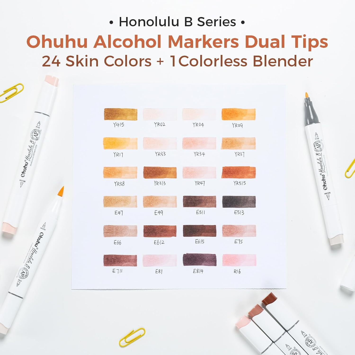 24 Ohuhu Skin Tone Markers Brush & Fine Tip Alcohol Based Markers Gifts-Honolulu B