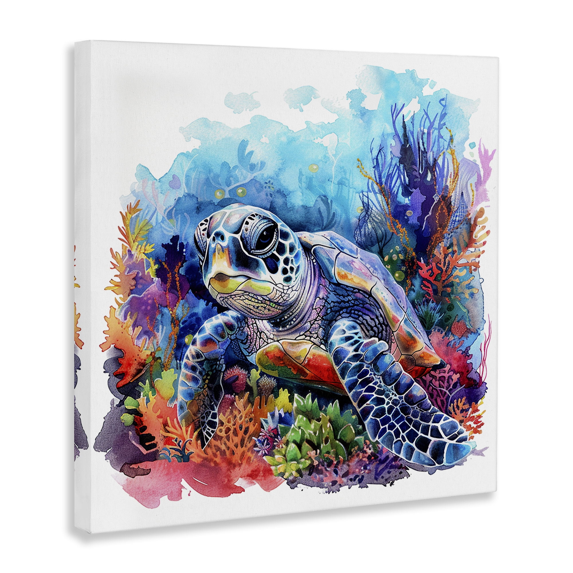 Stupell Industries Undersea Turtle & Coral Animals Painting Wrapped Canvas Art Print Wall Art, 17 x 17