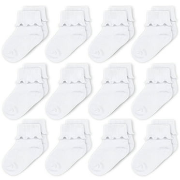 CozyWay Toddler Ruffle Socks Baby Girl Turn Cuff Ankle Comfy Cotton Socks Infant - 9-24 Months Unisex White - 12 Pack
