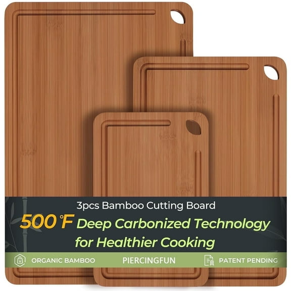 PIERCINGFUN 3-Pieces Carbonized Bamboo Double-Sided Cutting Board with Deep Juice Grooves and Built-in Handles