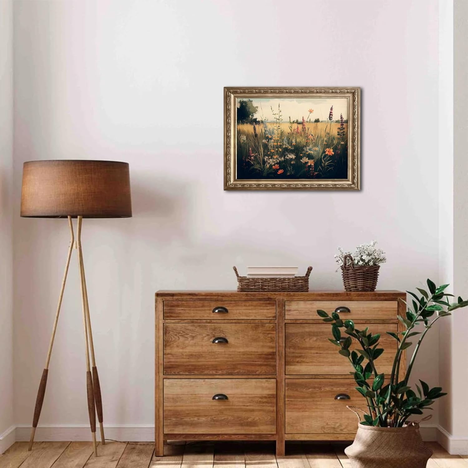 Vintage Wall Art, Classical Wildflower Field Wall Painting Canvas Prints Farmhouse Wall Art French Country Wall Decor Vintage Landscape Art Pictures for Bathroom Kitchen Decor