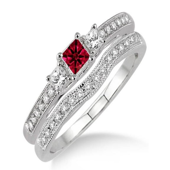 1.5 Carat Ruby & Diamond Three Stone Bridal Set on 10k White Gold