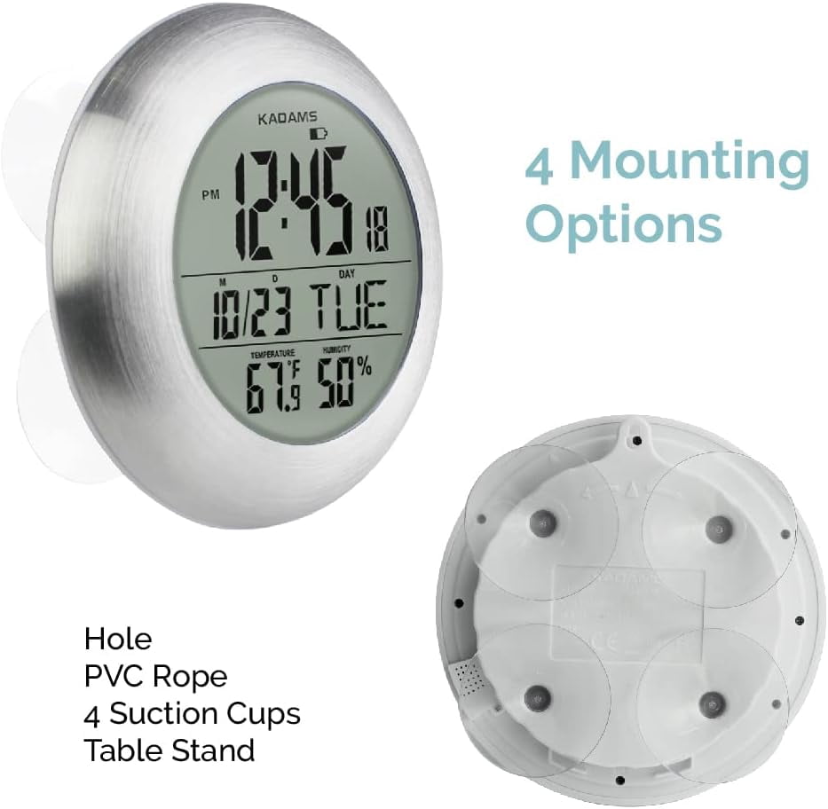 KADAMS Silver Waterproof Digital Timer Clock with Smart Alarm, Hygrometer, Temperature Display, Suction Cup, for Home Kitchen or Bathroom