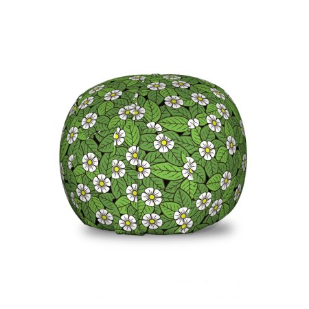 Floral Storage Toy Bag Chair  Overview of Blooming White Flowers and Leaves  Stuffed Animal Organizer Washable Bag  Small Size  Fern Green White  by Ambesonne