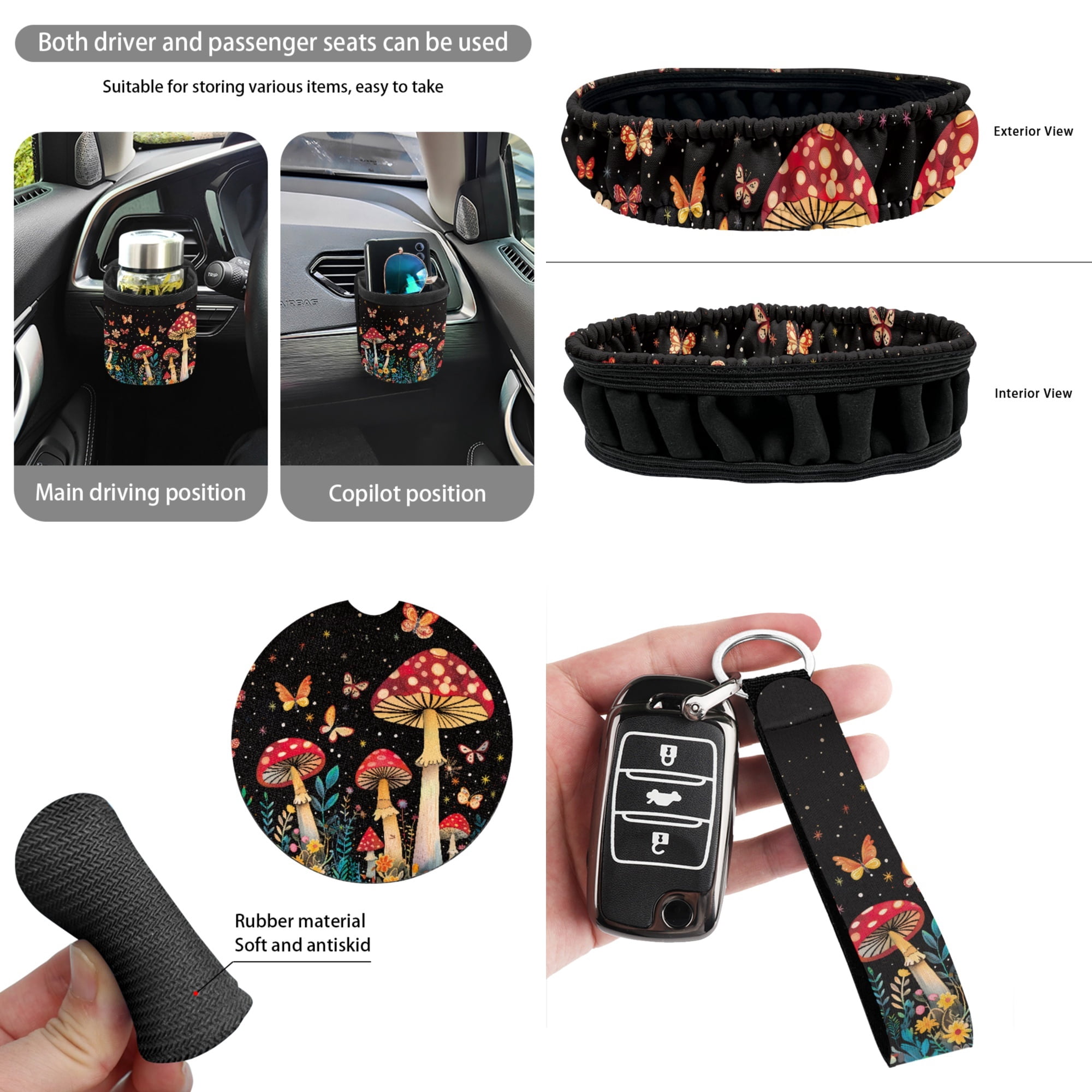 Yuyamidu Aesthetic Mushroom Car Seat Cover Set with Steering Wheel Cover Safe Belt Pads Cup Holder Rear View Mirror Cover Keychain Butterfly Gabage Bin Auto Cup Mat Air Vent Storage Bag 15 Pack