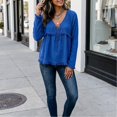 thumbnail image 5 of longantii Boho Tops For Women Vintage V Neck Long Sleeve Shirts Frayed Raw Hem Gauze Blouses Relaxed Empire Waist Beach Vacation Outfit Blue M, 5 of 6