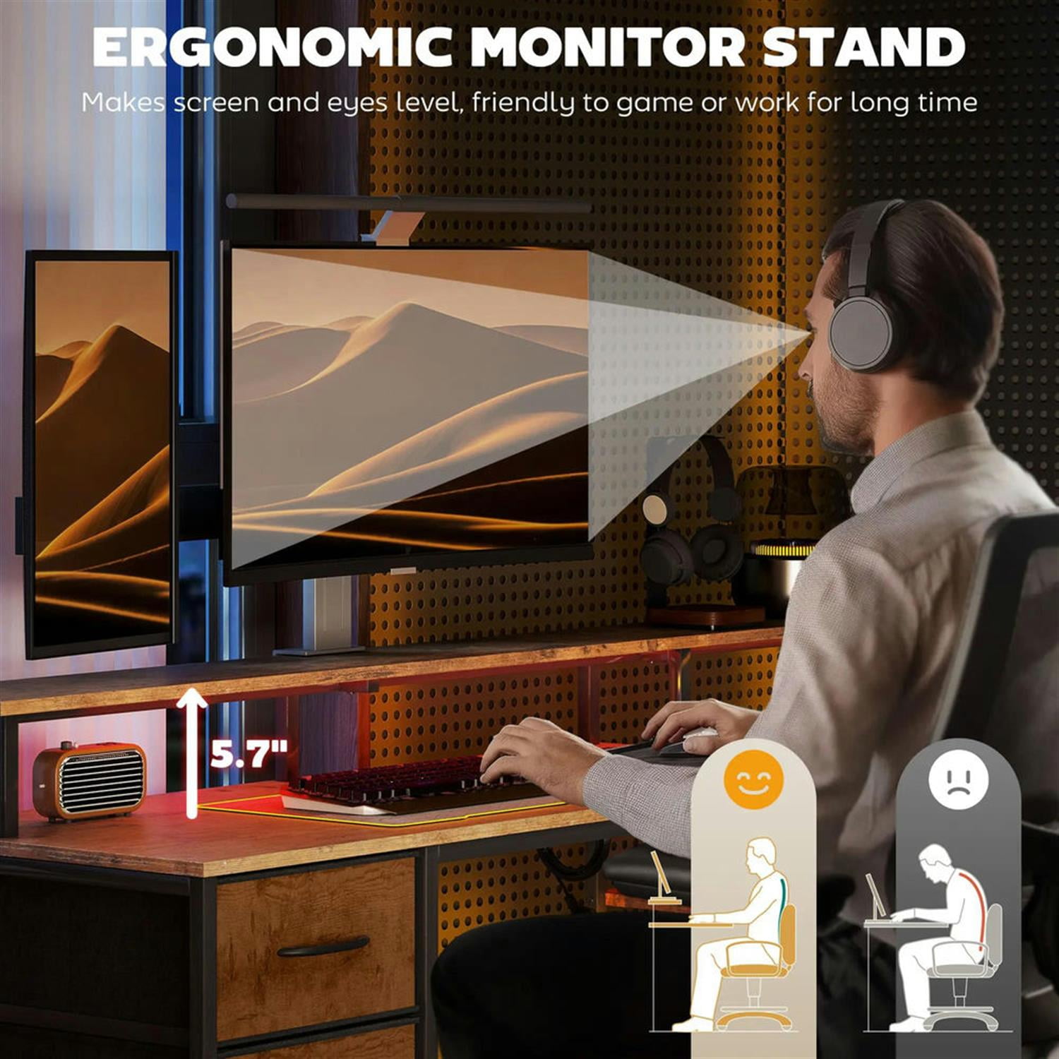 Demi Bonn 67" Office Desk with LED Lights and Power Outlets, Home Computer Desk for Living Room, Office, Study Table PC Desks, Brown