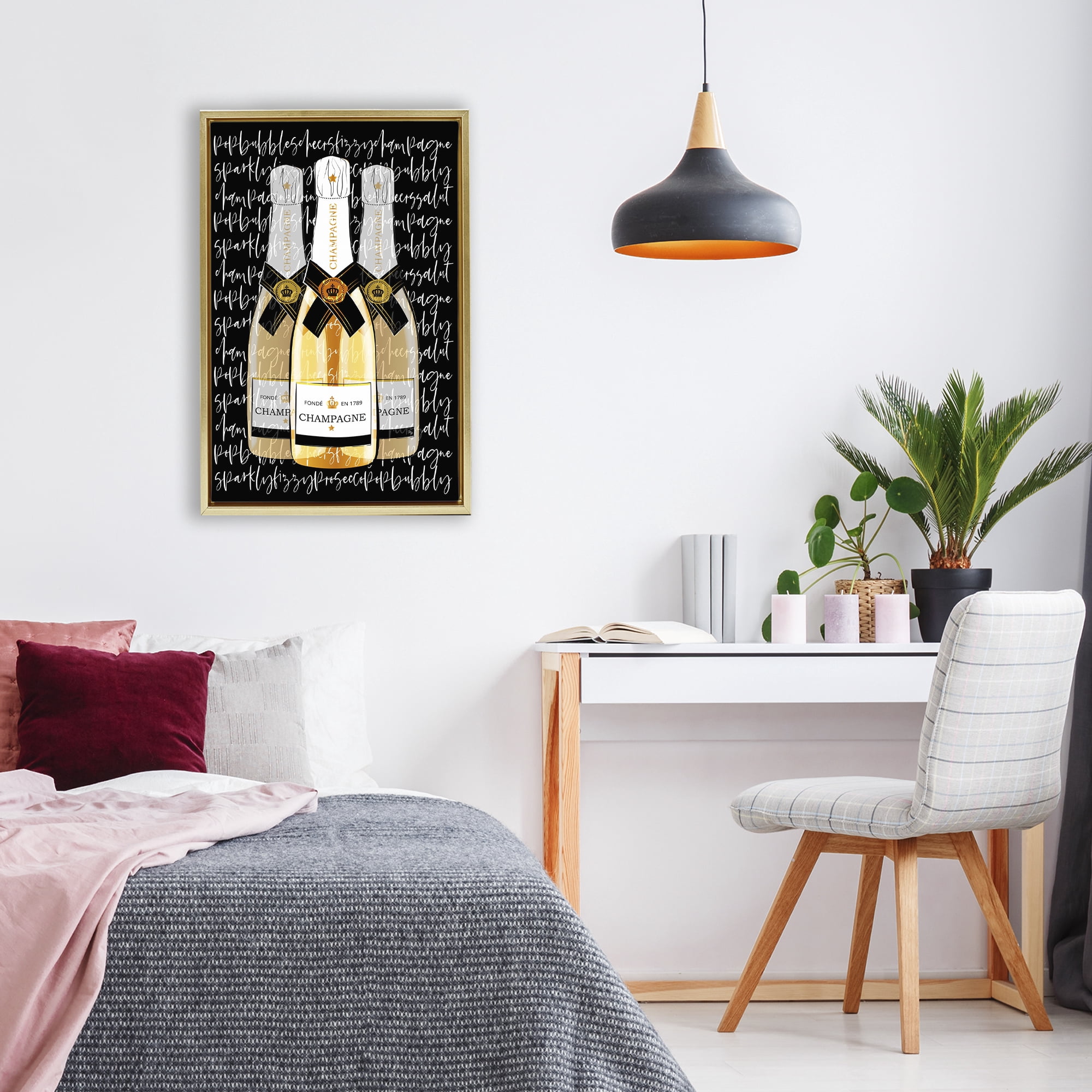 Stupell Industries Triple Champagne Bottle Love Gold Framed Floater Canvas Wall Art, design by Martina Pavlova