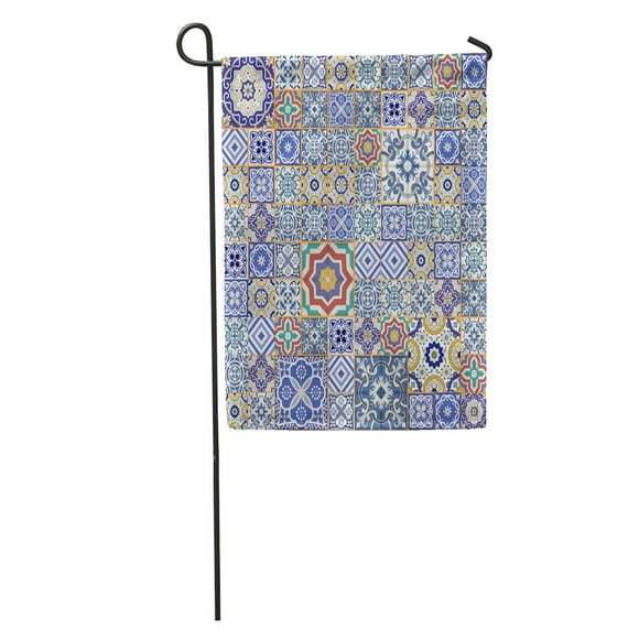 POGLIP Blue Ceramic Mega Gorgeous Patchwork Pattern from Colorful Moroccan Tiles Ornaments Fills Spanish Garden Flag Decorative Flag House Banner 28x40 inch