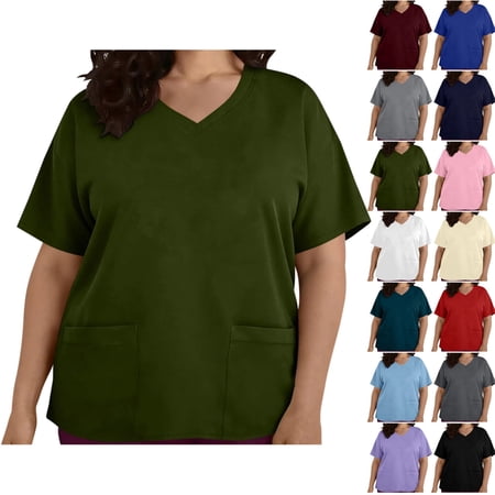 Plus Size Women's Scrub Top - Solid Color V-Neck Short Sleeve Medical Workwear Shirt with Pockets, Medical Work Uniform for Healthcare, Nursing, Hospital, for Nurses & Healthcare Workers,L-4XL