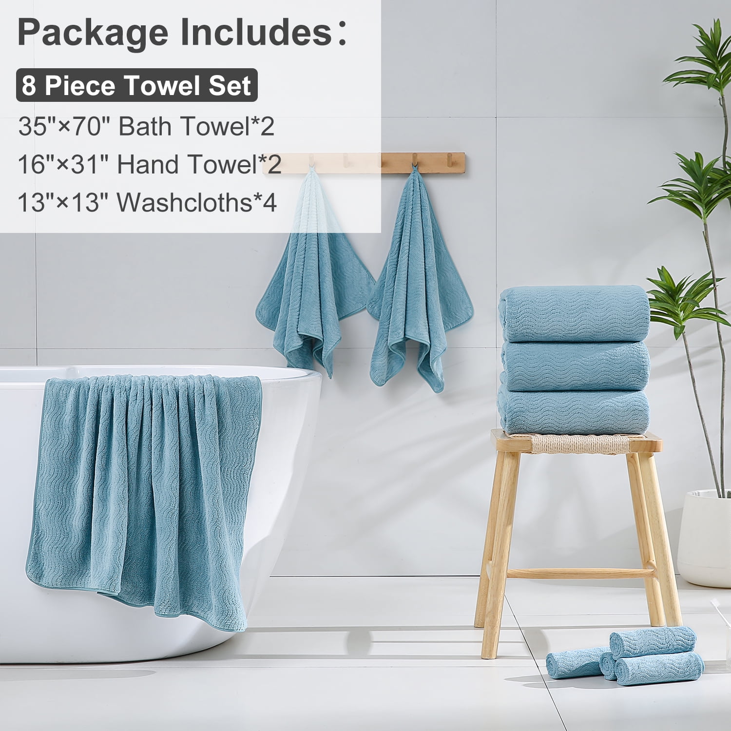 Covina Home 8 Pcs Bath Towel Set Green Pine Microfiber Bathroom Towel Set Ultra Soft Plush Oversized Towels Adult Luxury Bath Sheet