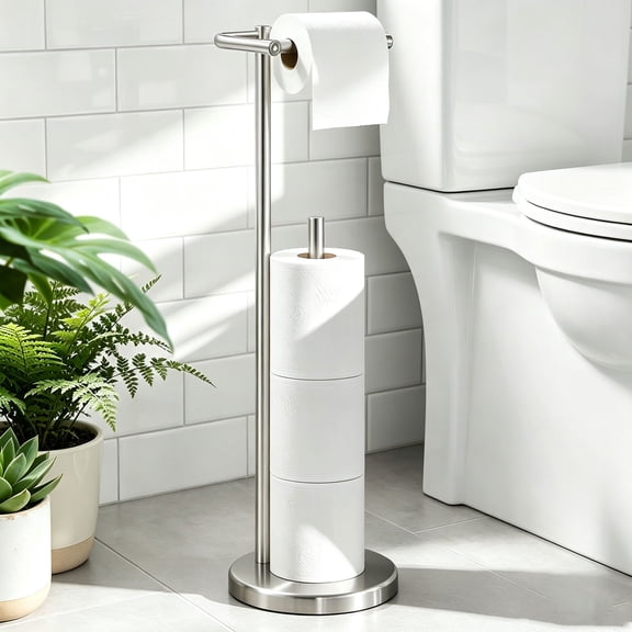 Housolution Toilet Paper Holder Stand Free Standing, Brushed Nickel Toilet Tissue Paper Organizer with Roll Dispenser for Bathroom