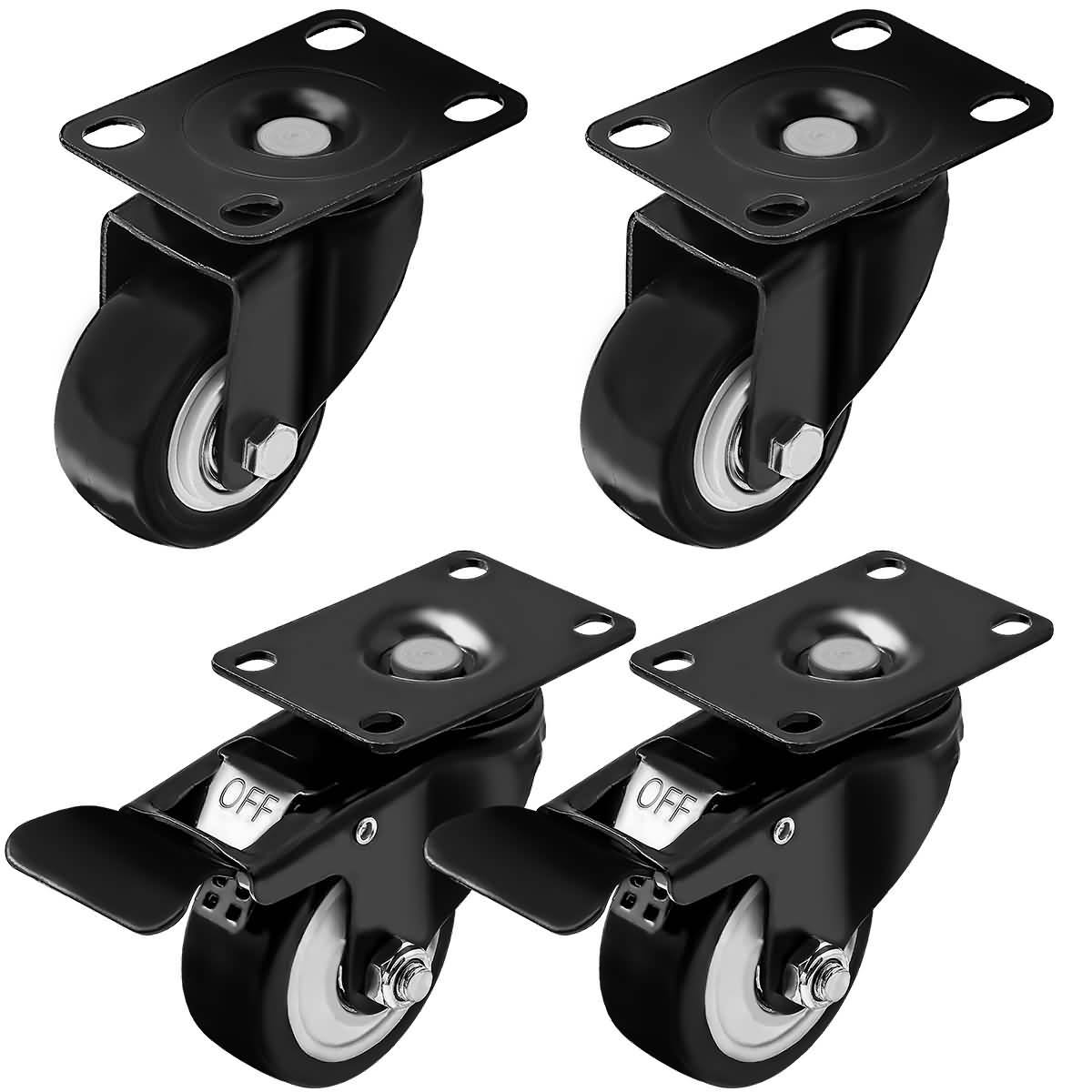 4 Pack 2/" Heavy Duty Swivel Plate Casters Wheels Soft Rubber Swivel Caster BLACK