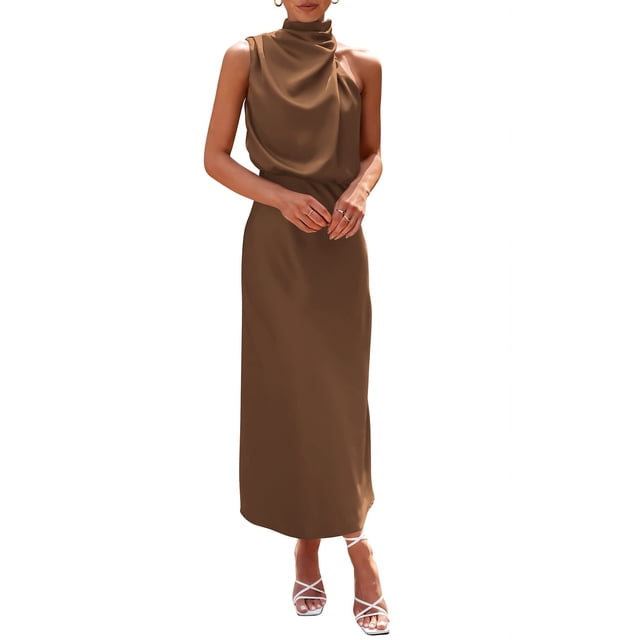 Vestido PRETTYGARDEN 2025 de Satén sin Mangas con Cuello Simulado Khaki Talla L