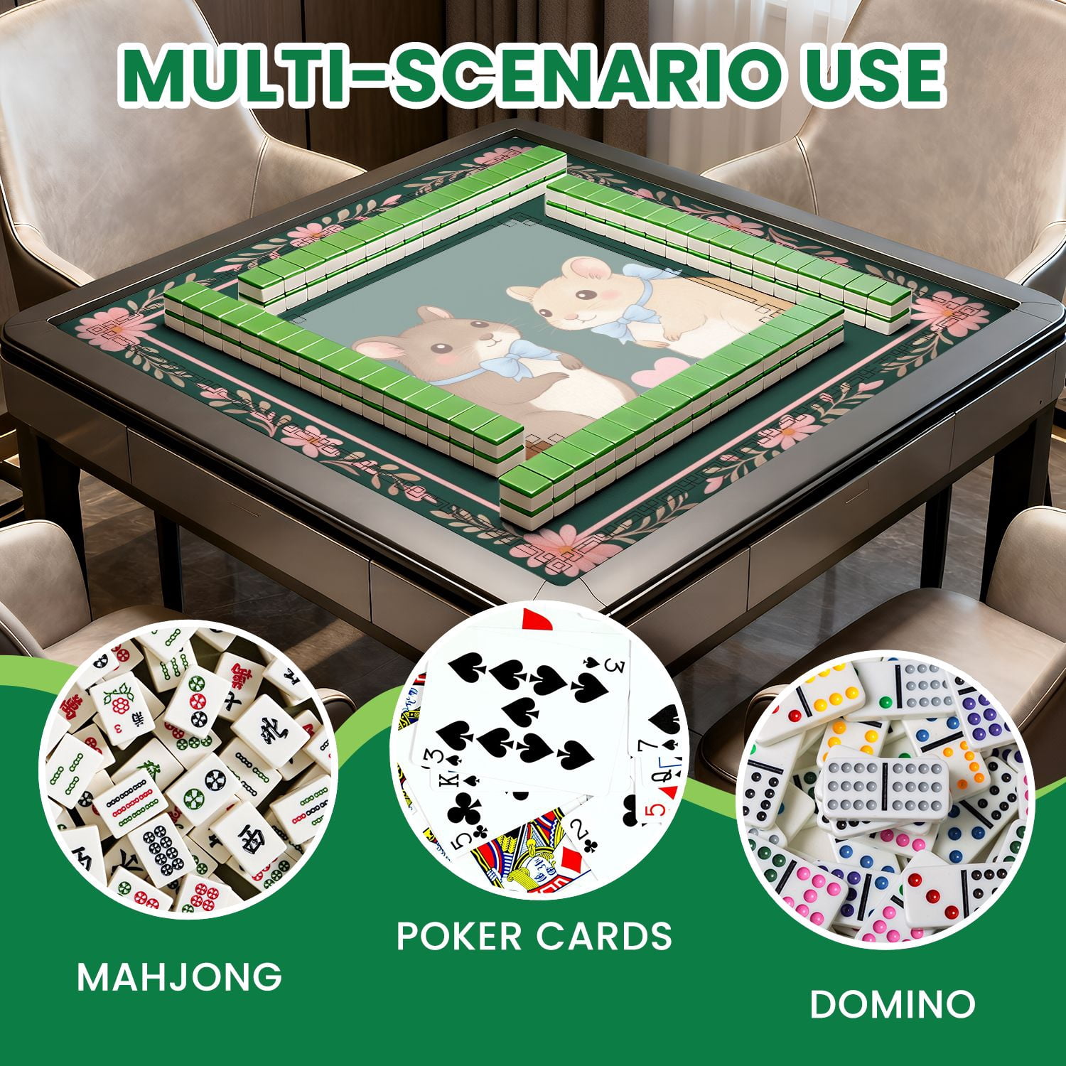 Mahjong Mat 31.5" x 31.5" Cute Hamster Pair Blue Bows Heart Illustrated Style Non-Slip Noise Reduction American Mahjong Tiles Table Cover for Dominoes Poker Card Board Games Gift