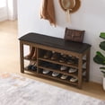thumbnail image 2 of Height-Adjustable Long Shoe-Changing Bench, Natural Rubberwood, Comfortable Seat, Concealed & Large Storage Compartments, Natural Wood Grain (Brown), 2 of 9