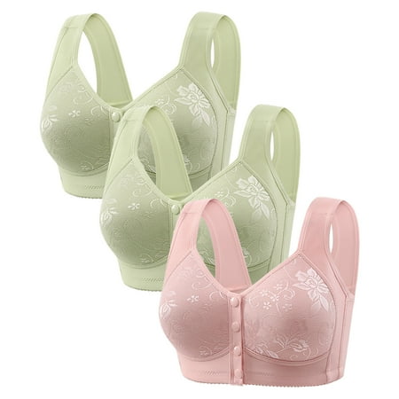 Gnurob 3 Pack Daisy Bras for Women No Underwire Bralette Front Closure Bra Comfort Senior Snap Closing Bralettes for Older Clearance Deals  03-Green Medium