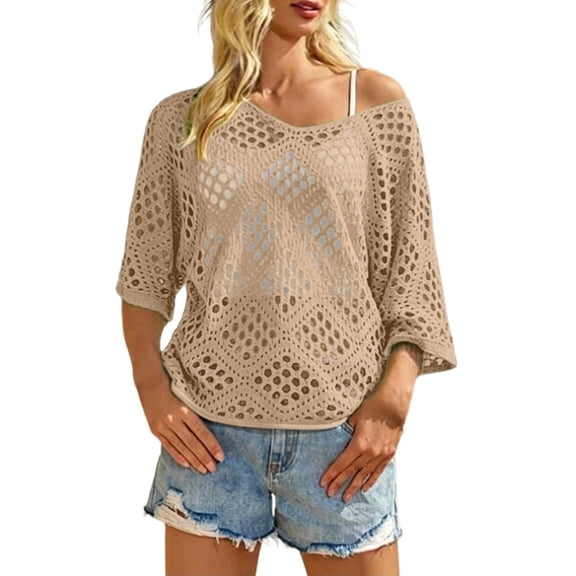 Gsakboxl Boho Tops for Women Women V Neck Diamond Crochet Hollow Batwing Long Sleeve Knit Cover Up Top Loose Cruise Vacation Spring Summer Cardigan Sweater Blouse Beige L