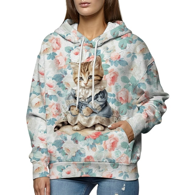 Innerwin Pull à Manches Longues pour Femmes, Sweat à Capuche en Polaire Imprimé Floral Décontracté Style-F L