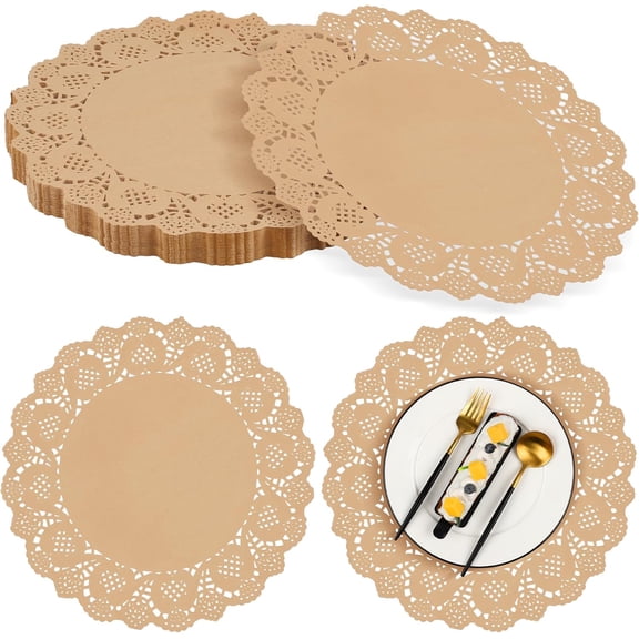 100/200/300 Pack Round Brown Kraft Paper Doilies 13.5 Inches Lace Paper Place Mats Rustic Scallop Doily Disposable Table Pads for Food Cakes Crafts Party Weddings Tableware Decor