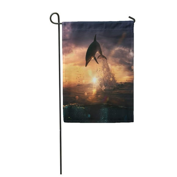 POGLIP Blue Hawaii Beautiful Dolphin Jumped from The Ocean at Sunset Time Red Sea Garden Flag Decorative Flag House Banner 12x18 inch
