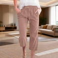 thumbnail image 2 of Capri Pants for Women Spring Summer Cotton Linen Straight Wide Leg Loose Drawstring Elastic Waist Cropped Trouser Light pink XL, 2 of 7