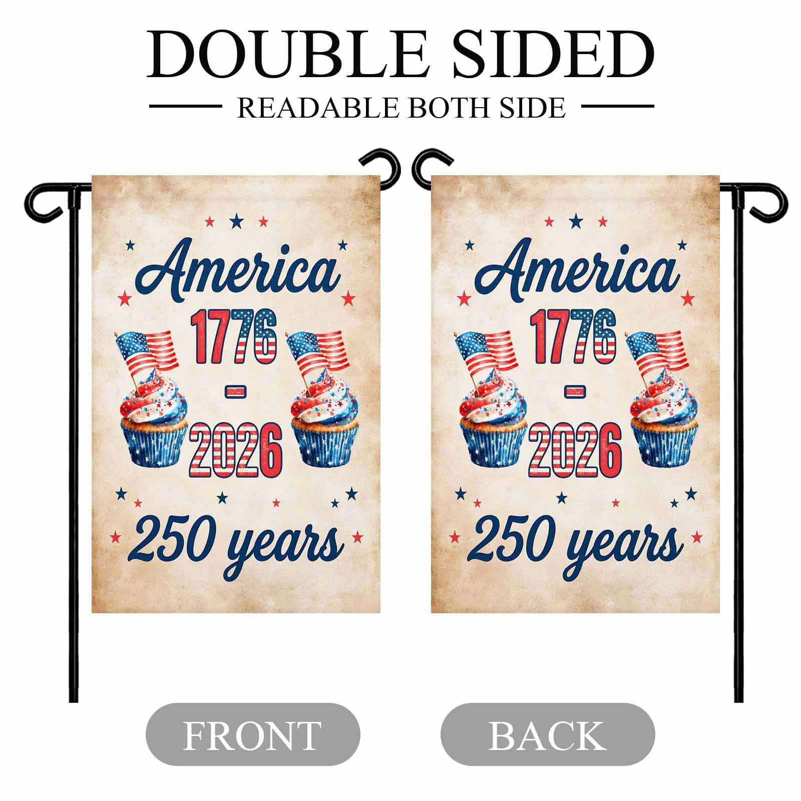 4th of July Garden Flags America 250 Years Garden Flag Double Sided Welcome Flag Cupcakes USA Flag Retro Independence Day Yard Flags for Outdoor Lawn Porch Memorial Day Holiday Decor 28x40 Inch