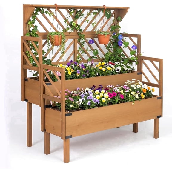 Petsblublu Raised Garden Bed Outdoor with Lattice Trellis, Flower Plant Stand with Two Planting Areas