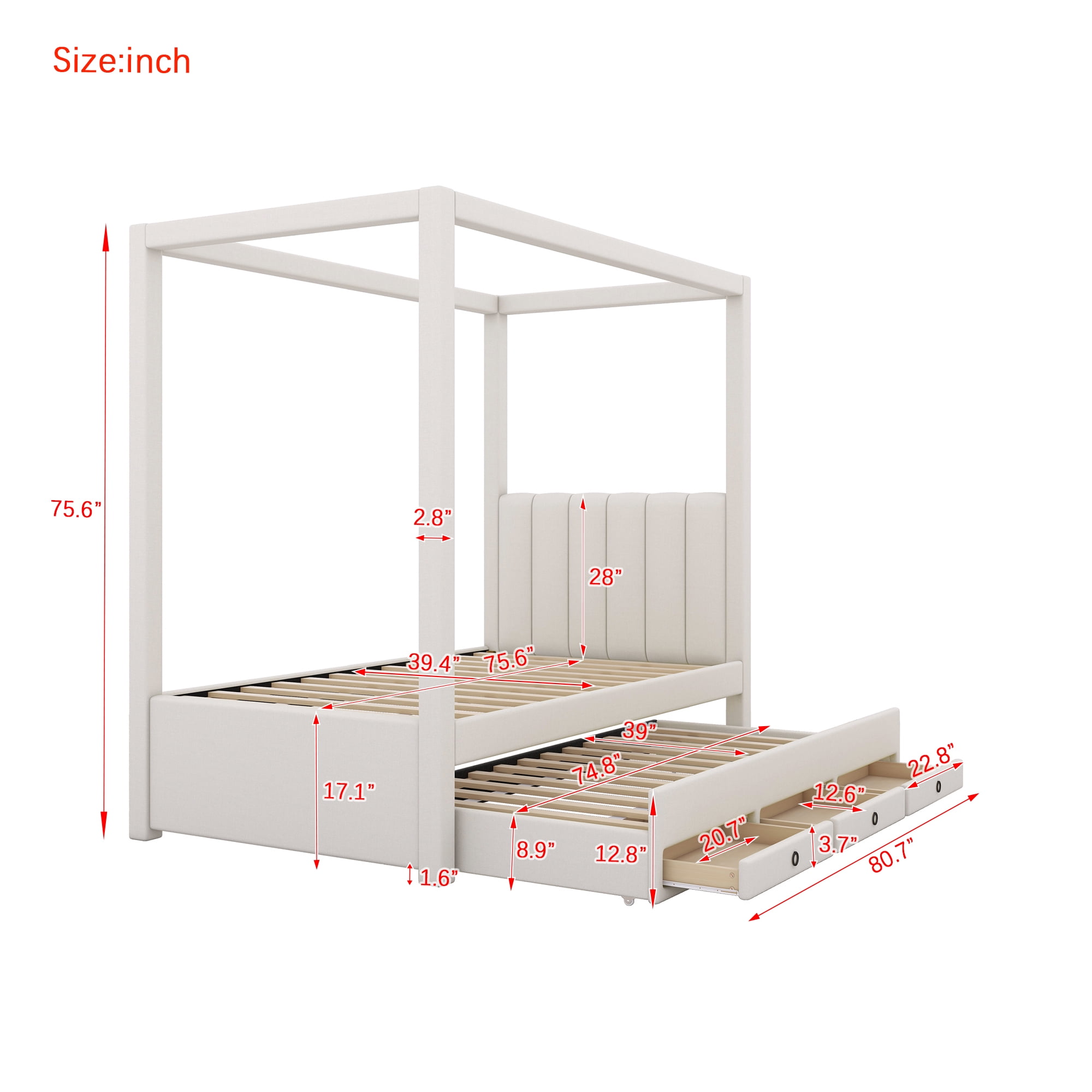EUROCO Upholstered Twin Size Canopy Bed Frame with Trundle Bed and 3 Drawers, Platform Bed with Headboard for Kids Teens Adults, Beige