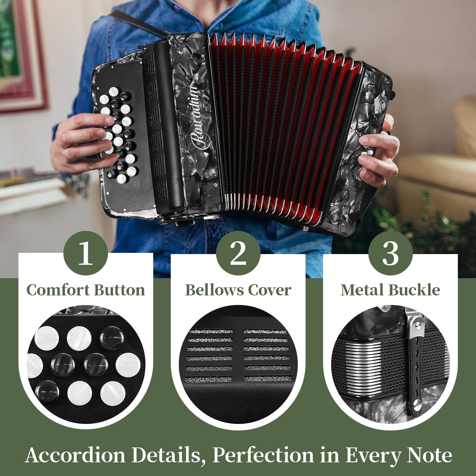 Rowadtim 22 Keys Accordion, 8 Bass Student Piano Accordions Suitable for Beginners and Students; Lightweight and Portable,  with  Backpack and Adjustable Straps (Gray)