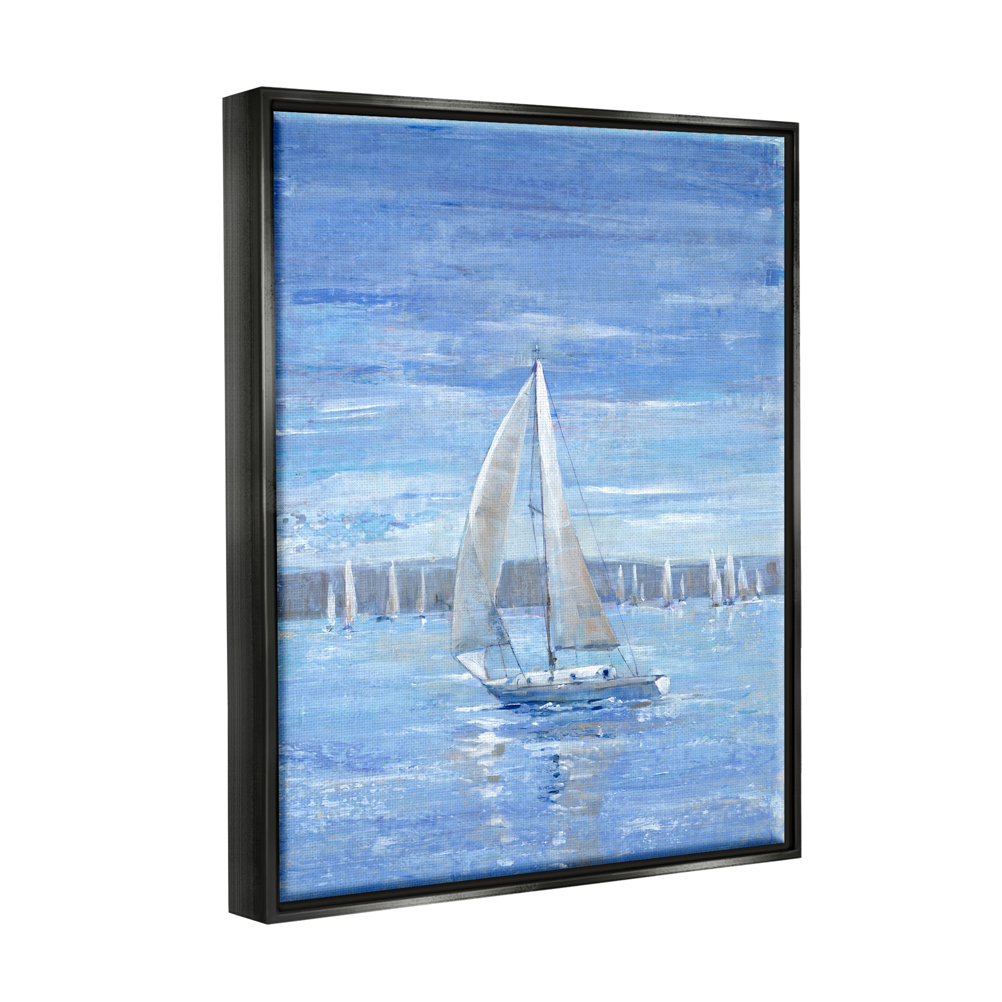 Stupell Industries Blue Sailboat Painting Transportation Painting Black Floater Framed Canvas Art Print Wall Art, 17 x 21
