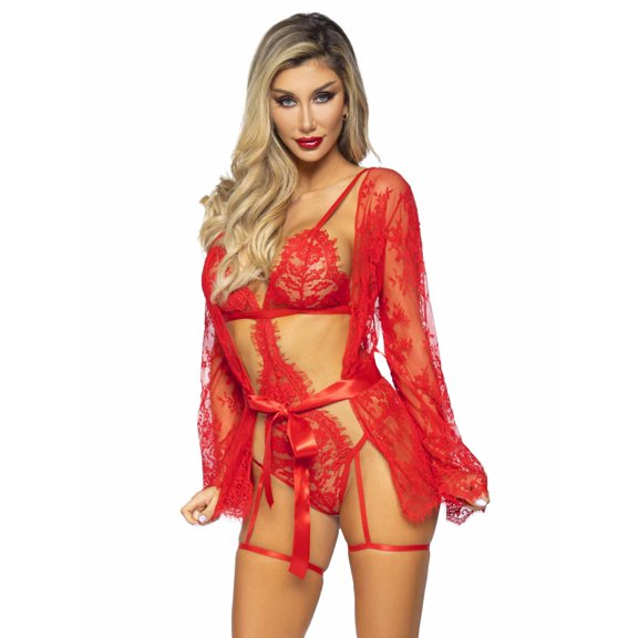 Leg Avenue 3 PC Eyelash Lace Garter Teddy Lingerie Set