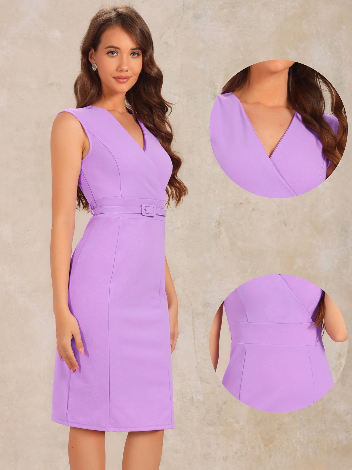 DARING DIVA Pencil Sleeveless Wrap V Neck Belted Office Dresses S Light Purple