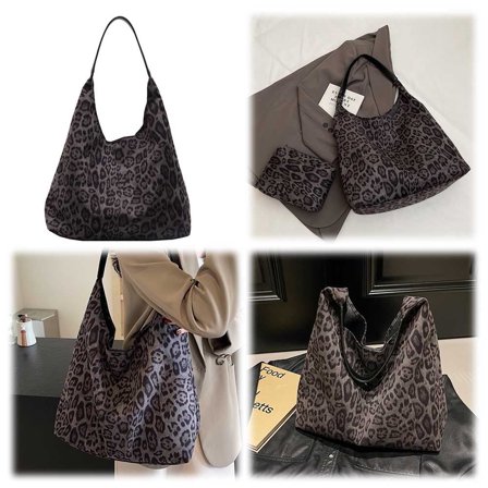 Women Suede Large Tote Bag Leopard Print Shoulder Bag Hobo Bag for Work (Black)