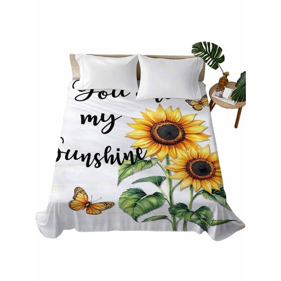 Twin Flat Sheet 66"x96", Yellow Sunflower Soft Lightweight Bedding Flat Sheets Only, Butterfly Sunshine Farmhouse Country Brushed Microfiber Top Bed Sheet, Breathable StainResistant Bedsheets