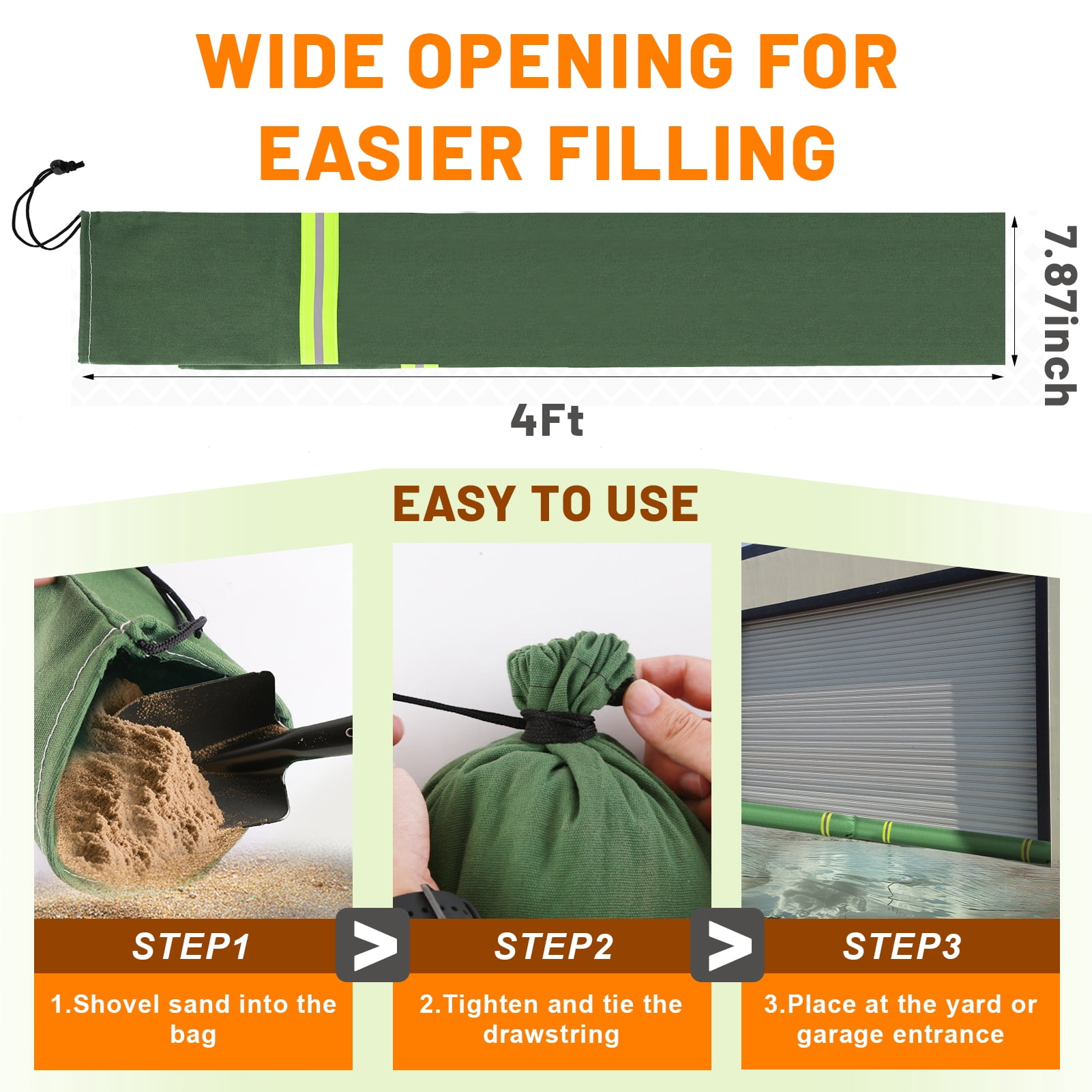 cyrico 4 Pack Long Sand Bags for Flooding, Thickened Reusable Canvas Flood Protection Sandbags with Elastic Band & Reflective Stripes, Tube Water Barriers for Door, Garage, Windows, 4Ft x 8In