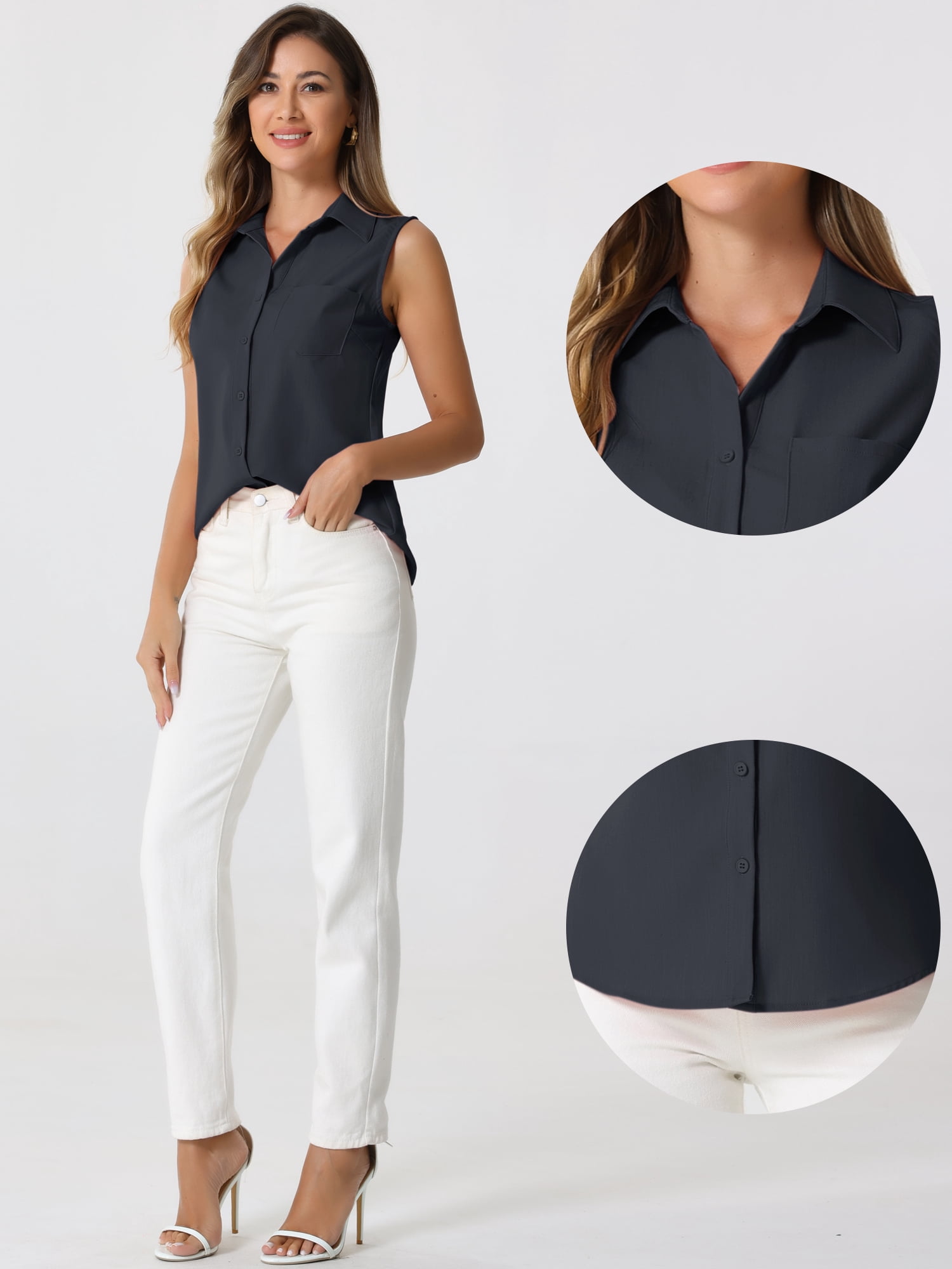 DARING DIVA Women's Sleeveless Lapel V Neck Chambray Tunic Denim Tops M Black