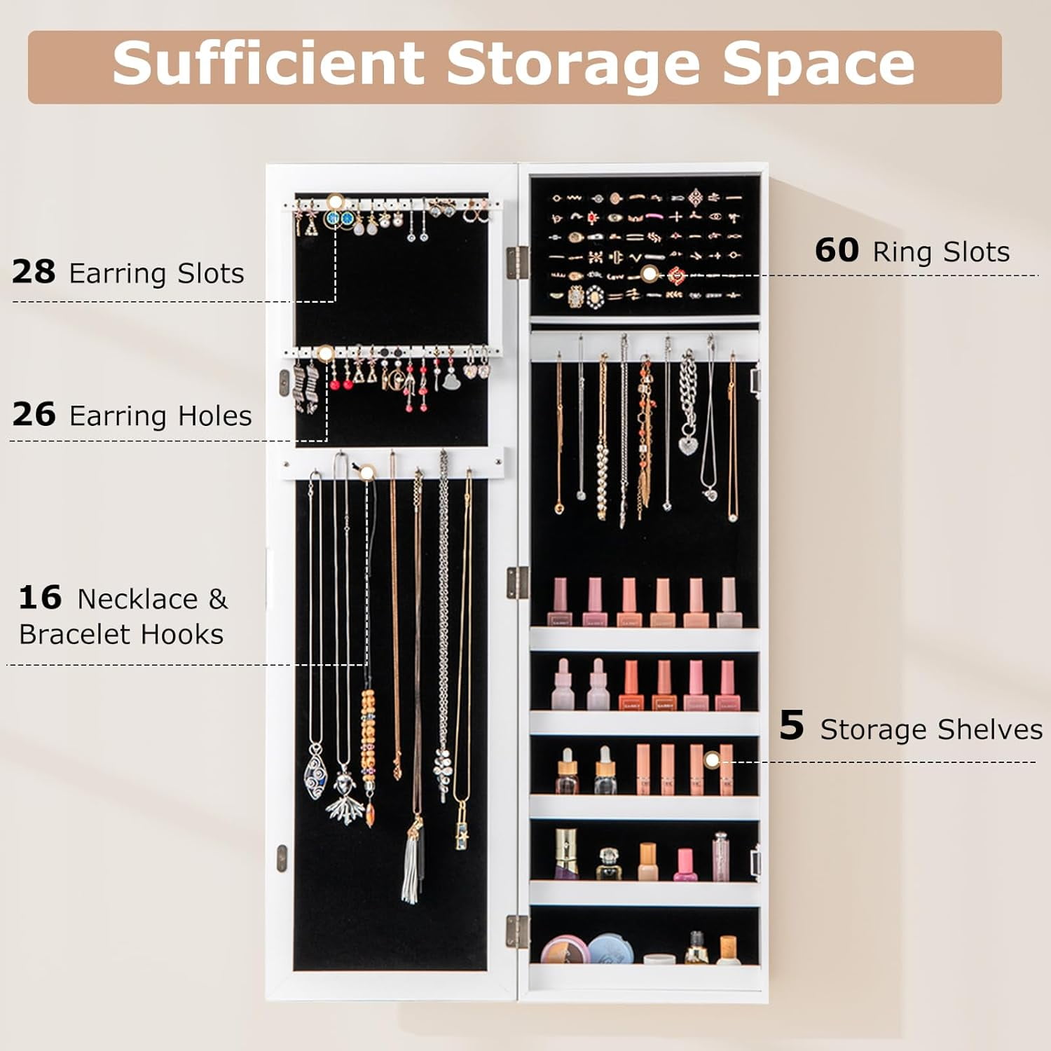 Mirror Jewelry Cabinet Wall Mounted, 42” Over the Door Full Length Mirror with Storage & Hooks, Hanging Jewelry Chest Box, Modern Jewelry Storage Organizer for Women, Girls, White