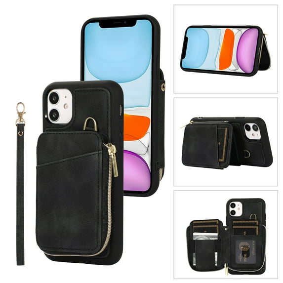 ELEHOLD for iPhone 12 Pro / 12 6.1",Luxury Zipper Wallet Case with Card Slots Zipper Pocket Kickstand Function Wriststrap Crossbody Shoulder Strap Shockproof Purse Case,black